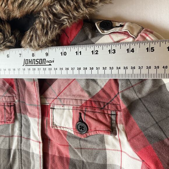 Roxy Women Jacket M Red Plaid Button Faux Fur Zipper Ribbed Hem Cuffs Full Zip - Picture 4 of 9
